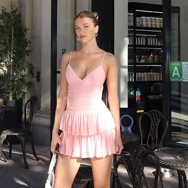 French sexy Spice Girl suspender dress summer 2025 new pink princess dress waist A word pleated skirt