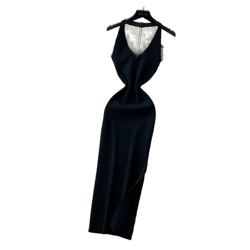 Korean style sleeveless white a-line dress for women - summer lace see-through high waist slimming slit maxi dress