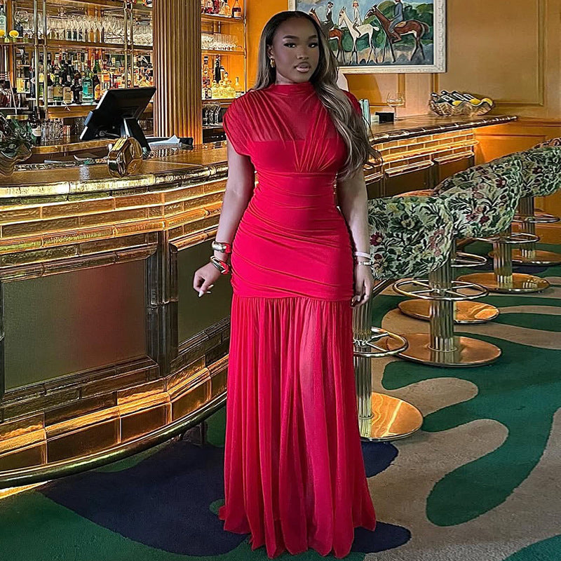 European and american style cross-border chic slim-fit women's solid color patchwork bodycon sleeveless high neck pleated workwear maxi dress