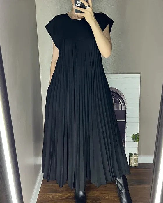 Amazon women's  european and american style spring new arrival solid color elegant fashion round neck short sleeve pleated loose dress