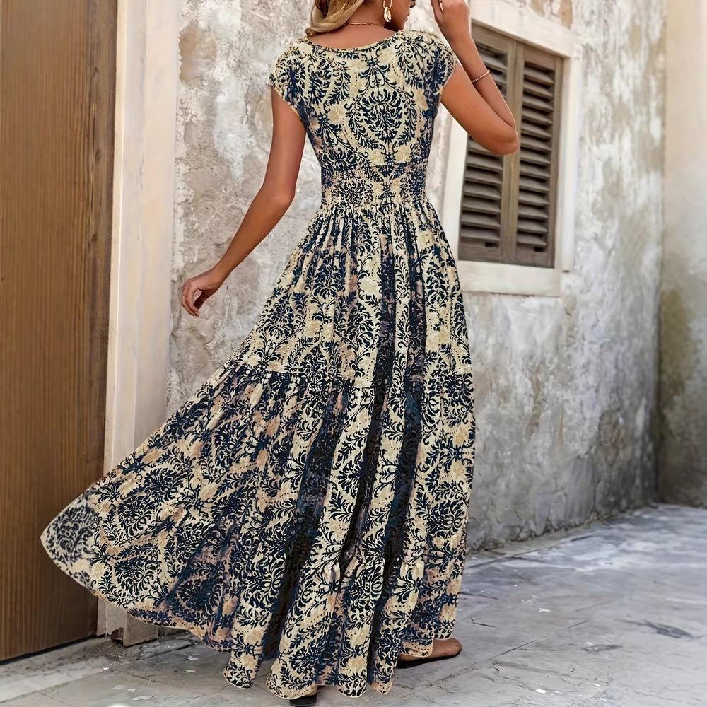 cross-border e-commerce hot-selling new print v-neck fitted waist maxi dress - european and american style for