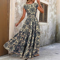cross-border e-commerce hot-selling new print v-neck fitted waist maxi dress - european and american style for