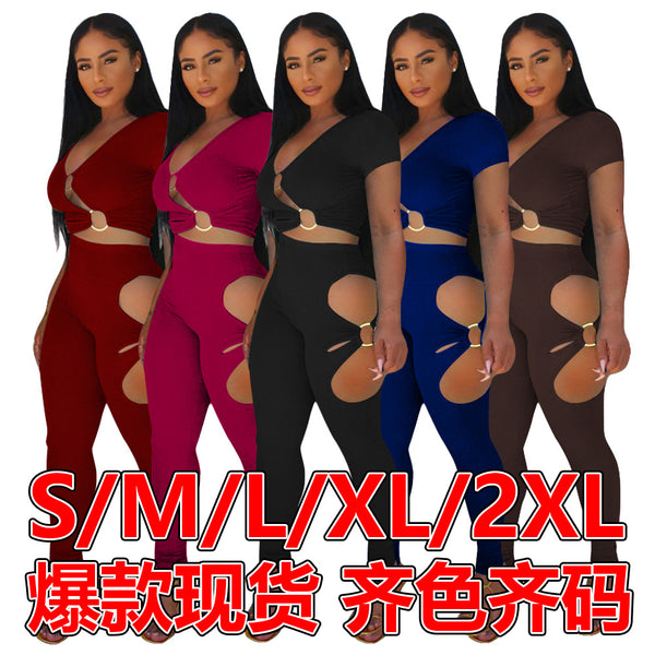 K10064  European and American  women's clothing 2022 solid color short-sleeved pants set V-neck spring and summer popular two-piece set