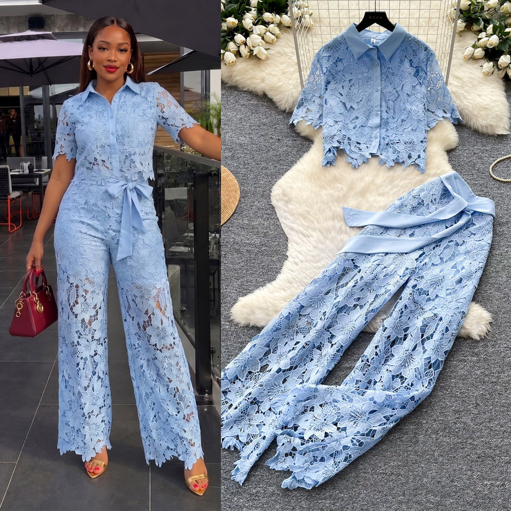 French chic, sophisticated lace cutout short sleeve top and wide-leg pant set - premium summer collection