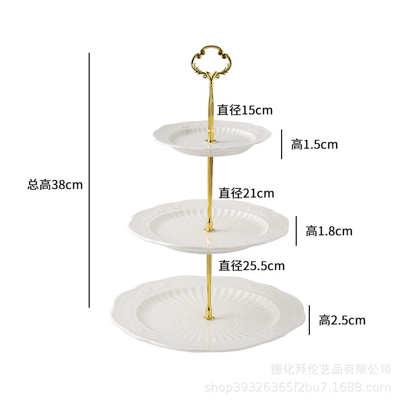 European-style pure white dessert plate, three-tier fruit platter, modern showroom display, creative embossed ceramic plate wholesale