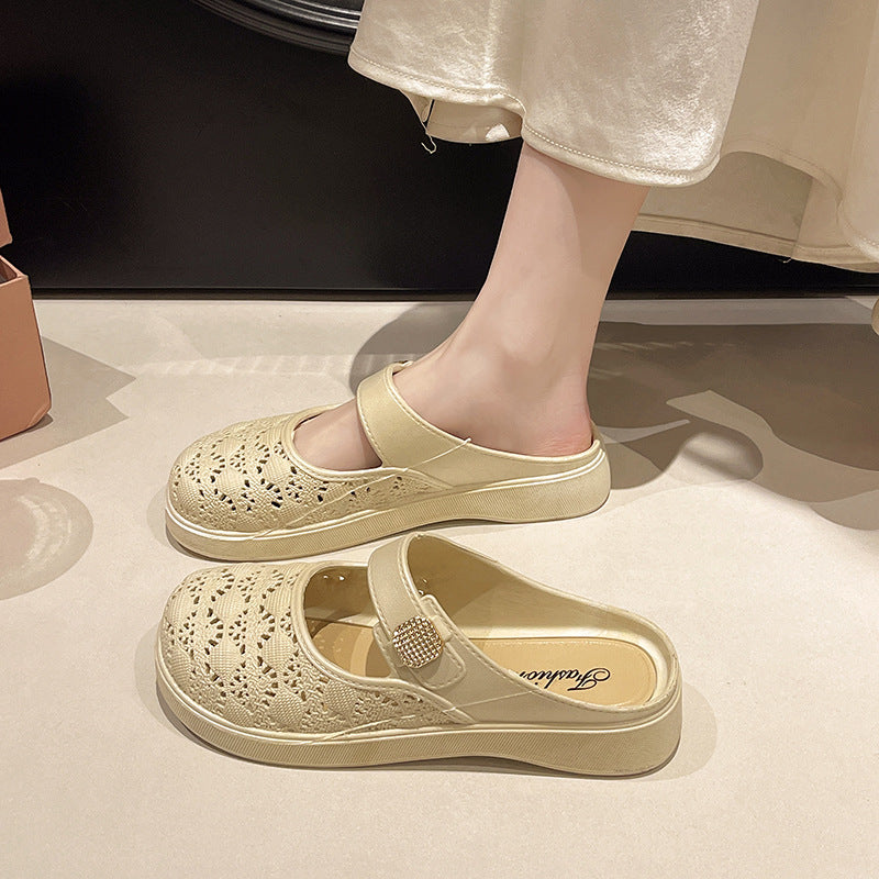 Fashion baotou women's slippers for daily wear at home and garden sandals populareasiest for matchpure colorcasualthick sole mid-heeled half support