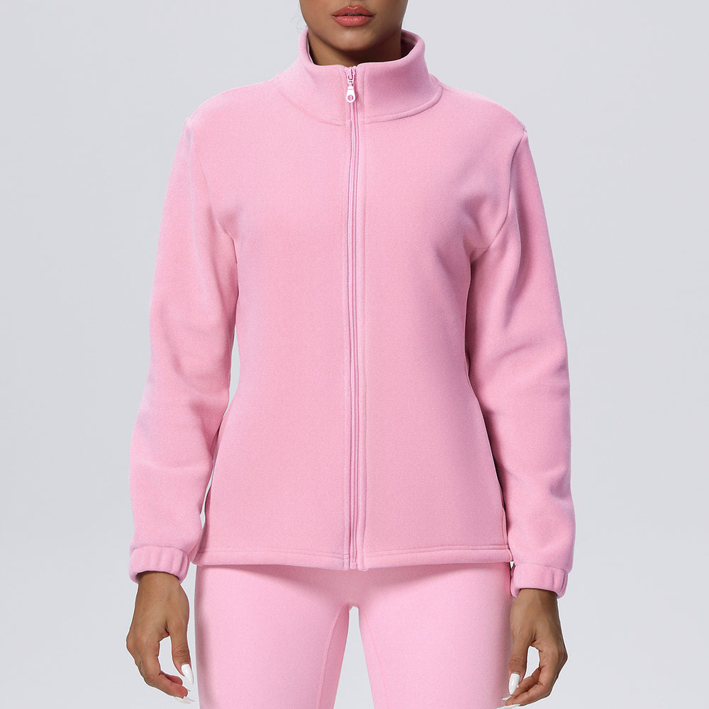 New women's solid color fleece-lined pocket stand collar zip-up casual sports jacket for running, fitness, and yoga