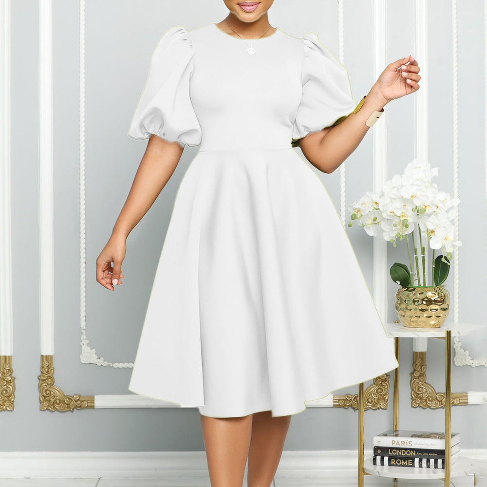 D3178 cross-border fashion  round neck elegant puff sleeve waist large swing dress a-line foreign trade dress