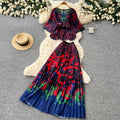 French chic leopard print two-piece set: women's autumn v-neck fitted top and flared pleated skirt
