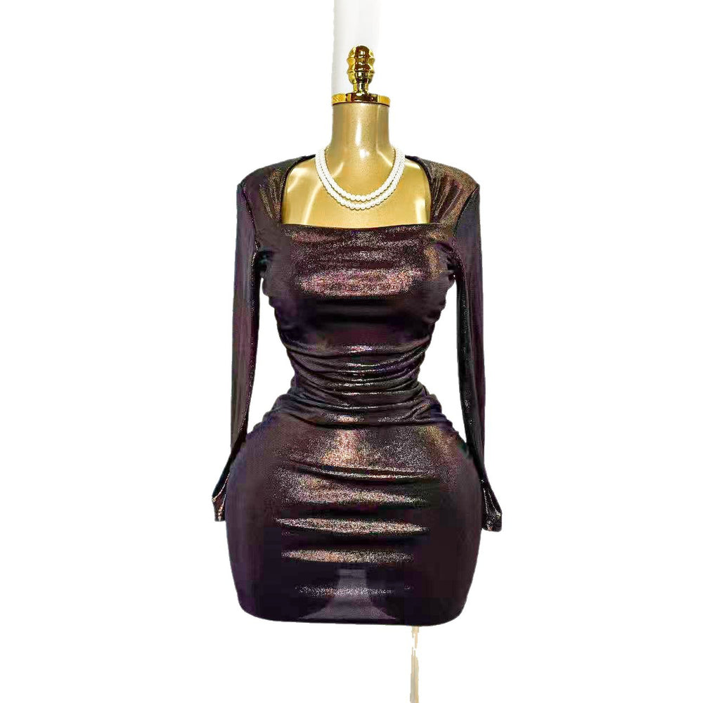 autumn new arrival: cross-border european and american style long-sleeved stretch bodycon mini dress - shiny party fitted skirt