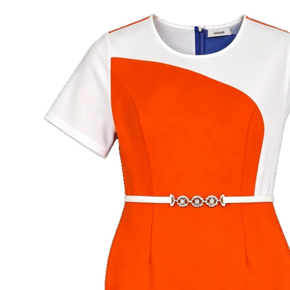 new arrival slimming high-waisted short-sleeve dress - color block panel, cinched waist belt, fishtail skirt dresses