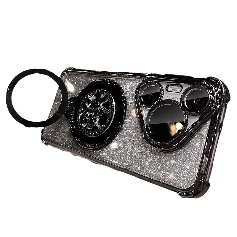 Suitable for huawei mate80 mobile phone case, rotating gyro bracket, honor p80pro electroplated four-corner glitter shell