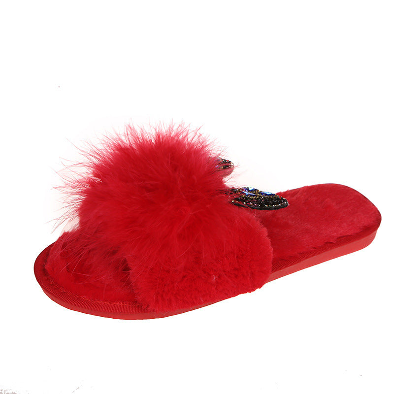 Furry slippers for women outwear 2024 fall and winter new arrivalk-stylepopular ostrich hair thick sole lazy one-word furry slippers