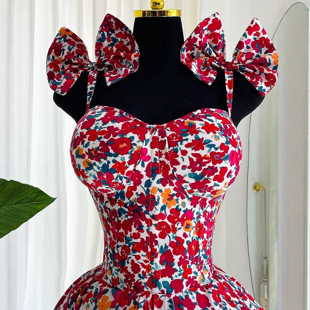European and american women's clothing  spring elegant floral print camisole bow high-waisted slimming a-line mini dress