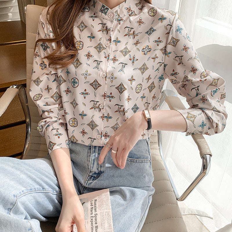 Real shot 2024 autumn French Hepburn style silk printed shirt femininity stand-up collar light luxury retro fashion shirt