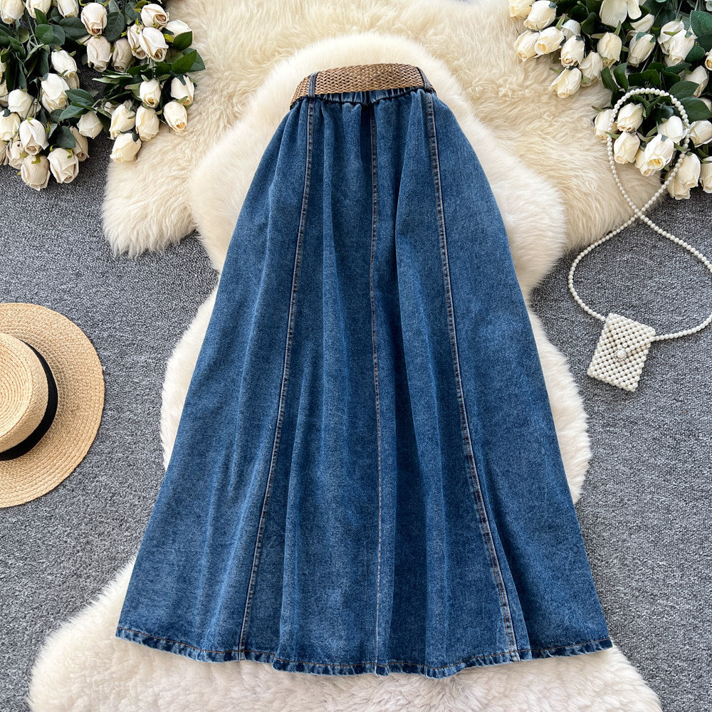 Retro style denim a-line woven belt skirt for women summerhigh waistslimming look medium longeasiest for match large skirt