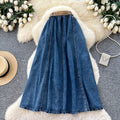 Retro style denim a-line woven belt skirt for women summerhigh waistslimming look medium longeasiest for match large skirt