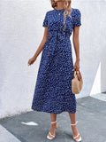 european and american women's clothing    independent autumn short-sleeve floral print v-neck midi dress