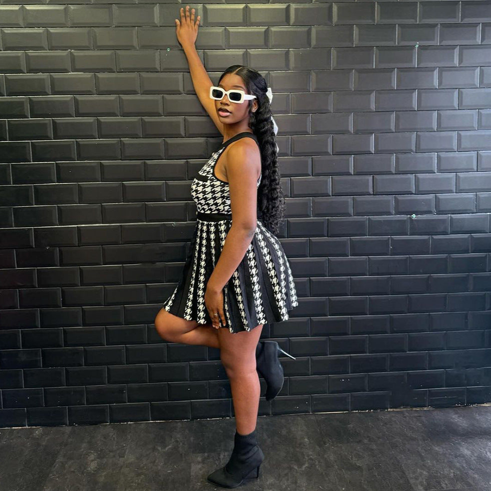 European and american style women's casual dress -  cross-border fashion summer streetwear houndstooth halter a-line dress