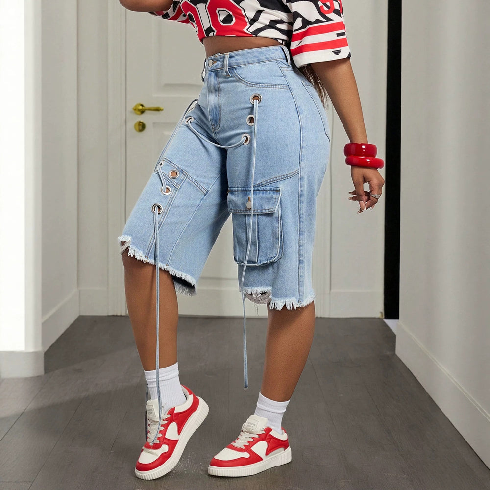 Street workwear fashionjeans women's multi-flap pocket pants eye strap raw edge ripped pants washed light blue denim pants