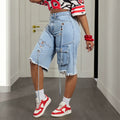 Street workwear fashionjeans women's multi-flap pocket pants eye strap raw edge ripped pants washed light blue denim pants