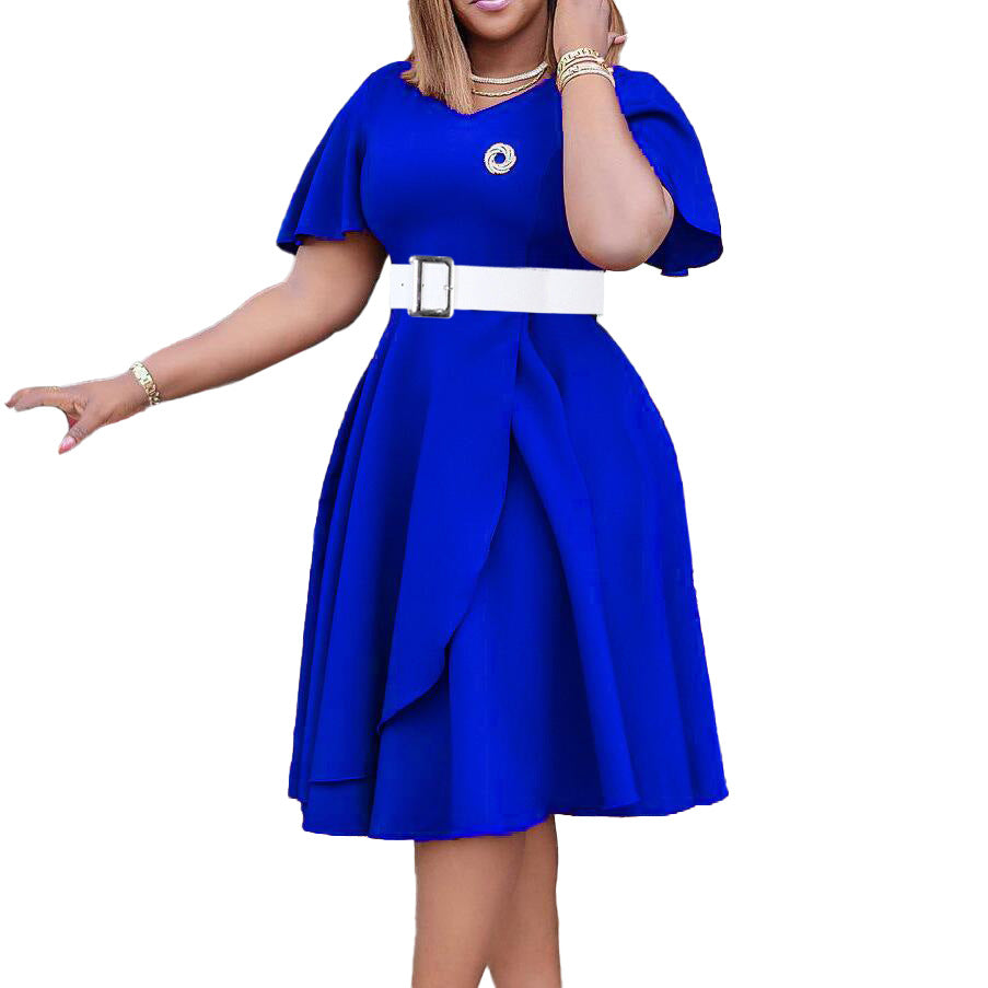 C8624  plus size women's summer fashion elegant v-neck flared sleeve a-line dress - african export style