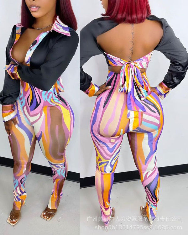 Spot  2022 European and American new high-waisted leggings satin printing set