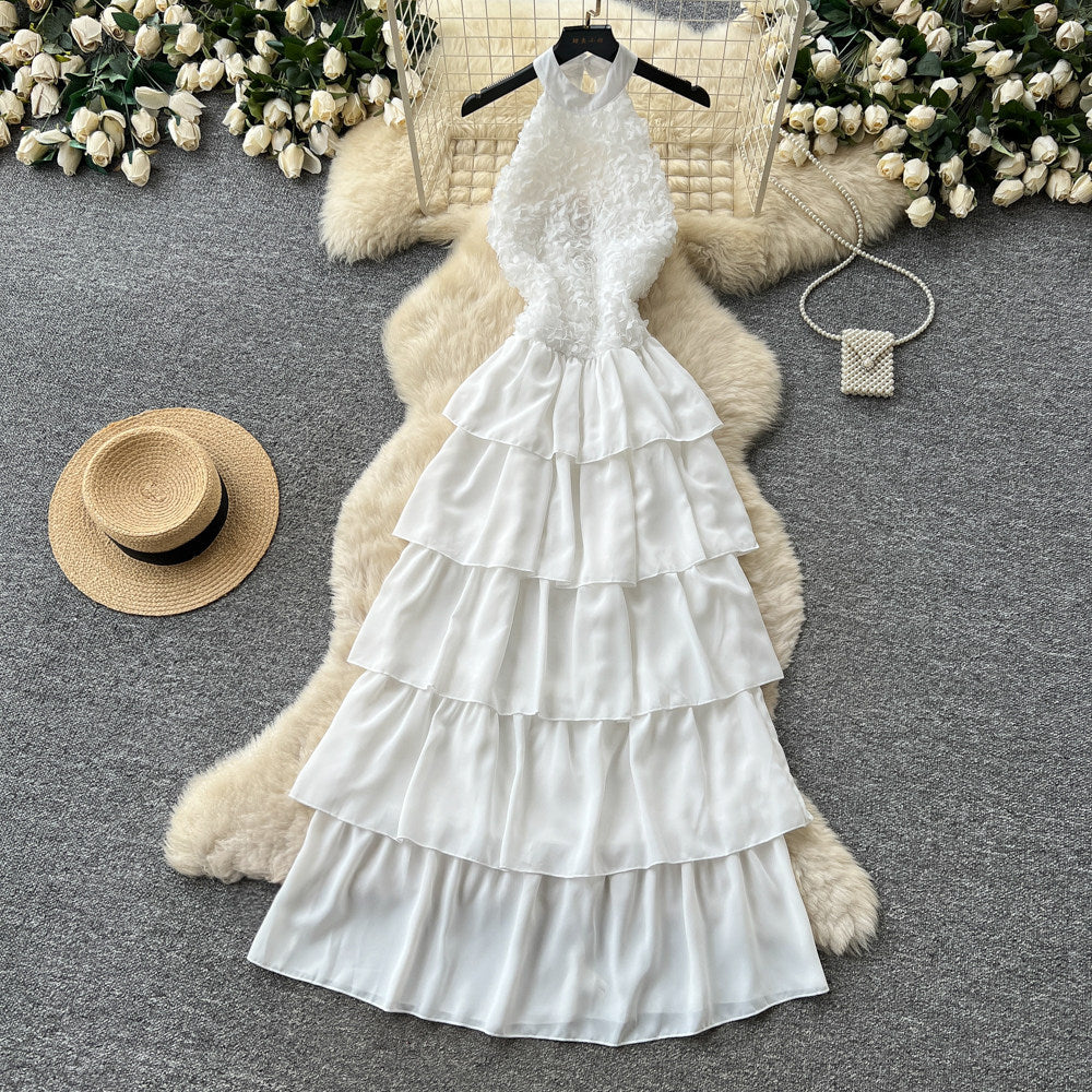 French style halter neck sexy backless dress - women's white tiered dress - slimming, high-end, vacation-ready maxi dress