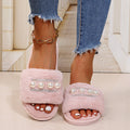 Wholesale women's plush slippers for cross-border e-commerce: new european and american style pearl-embellished one-strap fuzzy slippers, warm autumn/winter home slippers