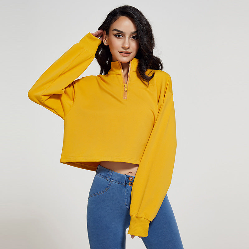 new european and american style stand collar fitness sweatshirt for women - loose fit zipper drawstring long sleeve yoga top t-shirt