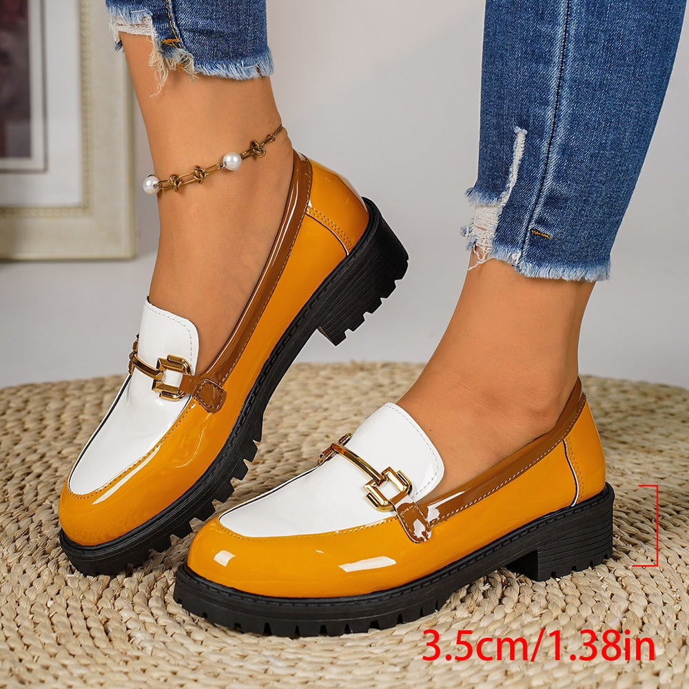 Wholesale plus size loafers: new color block design with metal buckle, british style slip-on chunky heel