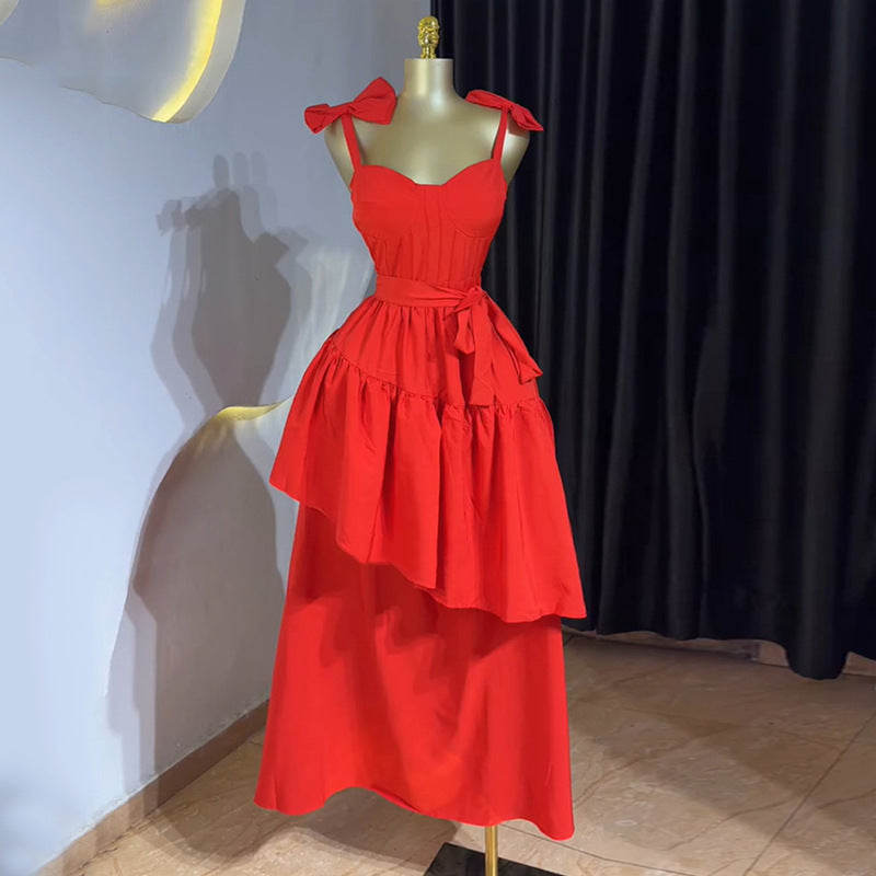 European and american cross-border women's fashion:  summer new arrival - elegant bow high-waisted asymmetrical midi slip dress