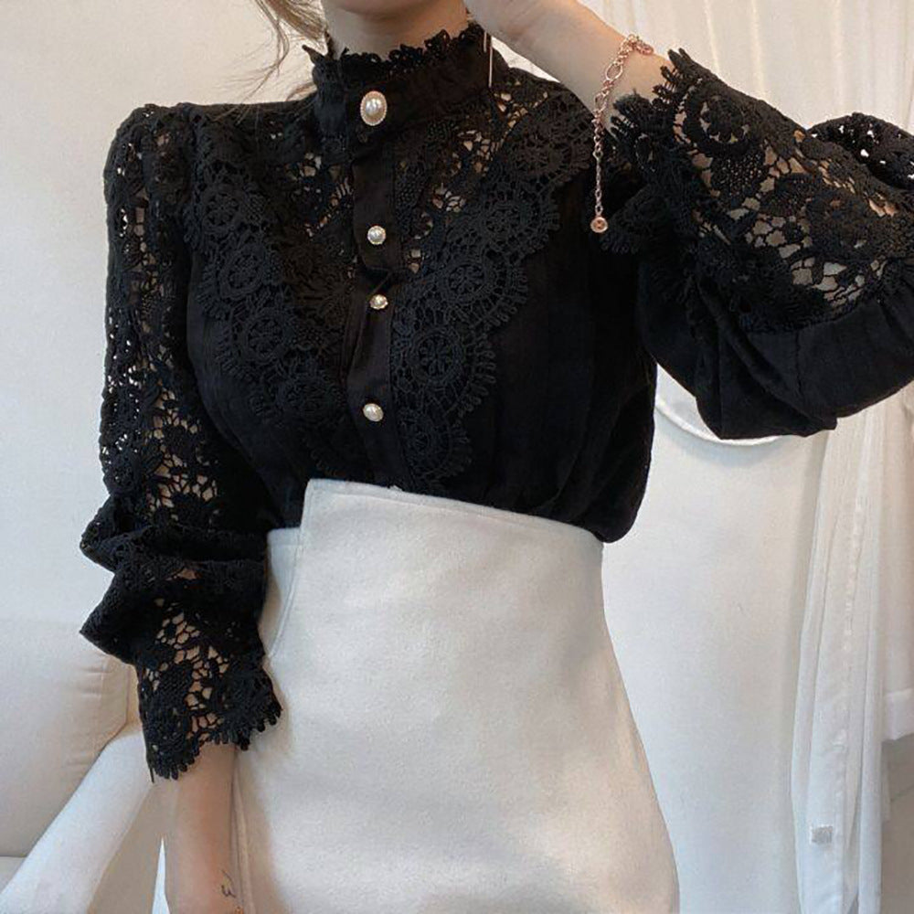 new women's lace French hollow lace long-sleeved stand-up collar cotton versatile women's shirt