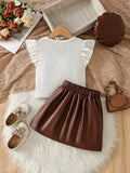 cross-border girls' spring/summer new collection: bow-embellished textured top + pu leather a-line skirt with matching hat - 3-piece set