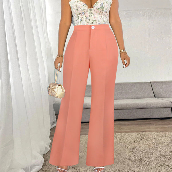 High waist elastic belt button-wrapped hip wide-leg pants OL commuting, large size women's casual pants, trousers pants