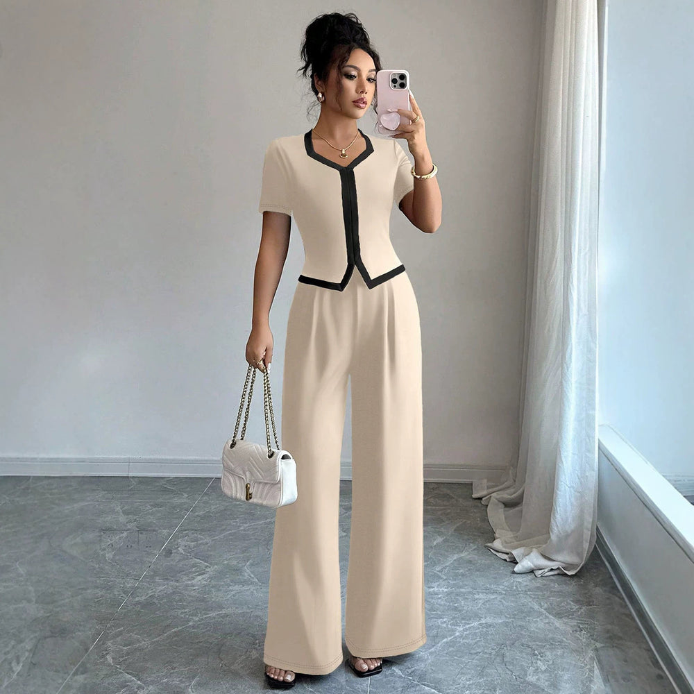 fashionsummernew arrivalcontrast colorv neck short-sleeved topsloose pantssuitwork clothingeleganttwo-piece set
