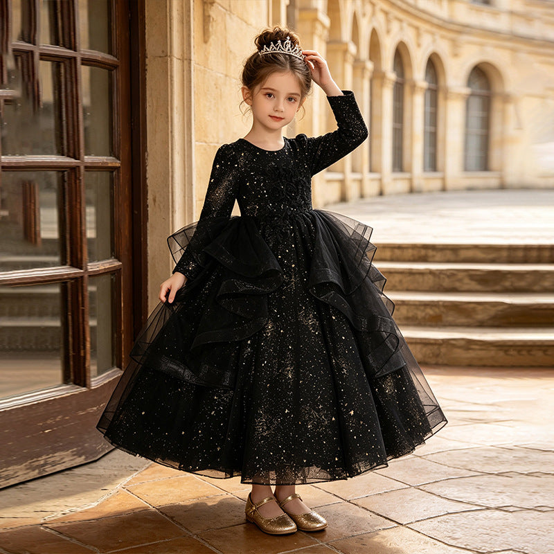 Girls' long-sleeve dark academia tulle dresses - wholesale for cross-border e-commerce, perfect for flower girls, weddings, and piano recitals - in stock & ready to ship ( compatible)