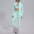 New seamless solid color high-stretch activewear set: includes a breathable, figure-hugging top, bottoms, and bra – perfect for running, fitness, and yoga