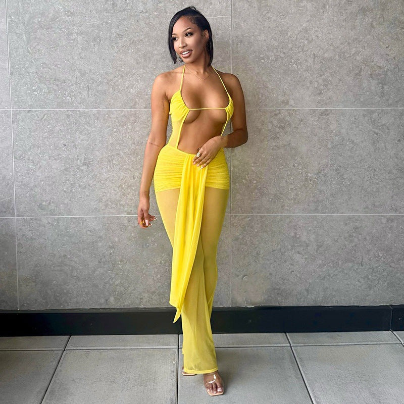 summer new arrivals: trendy and chic open-bust, figure-flattering, tie-up back, suspender strap, mesh, flare leg jumpsuit