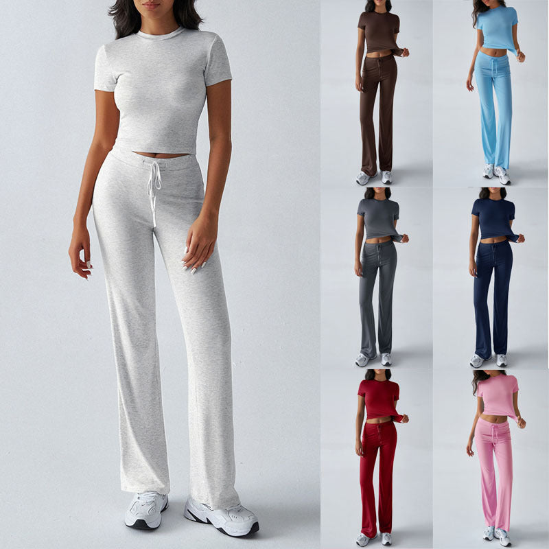 2025 european and american new arrival cross-border women's spring/summer elegant solid color crew neck casual fashion set - short sleeve top and long pants