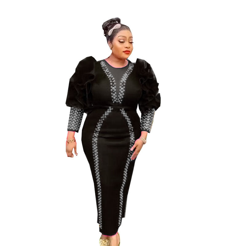fashion knitting heavy industry hot diamond beading puff sleeves long sleevesilm pencil skirt dress long skirt african women