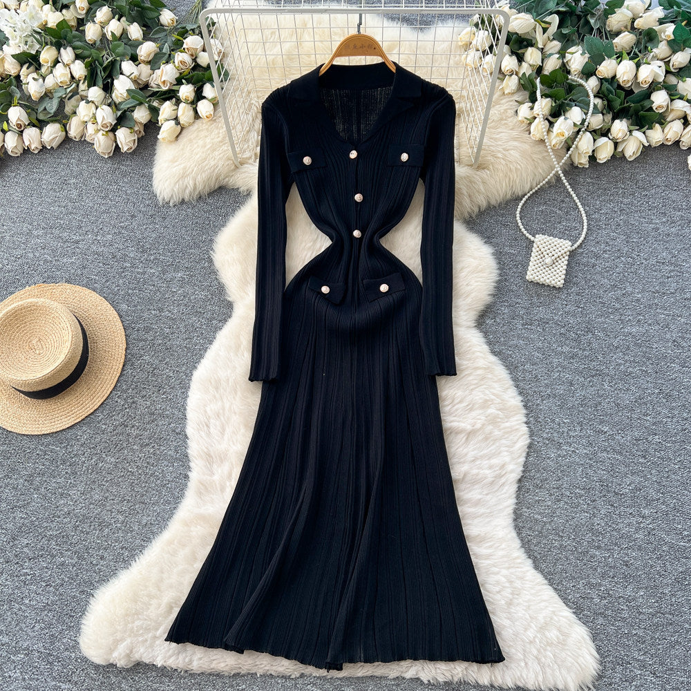 Frenchclassyretro lapel long sleeves metal buckle silmslimming lookelegant vertical pattern knittingdress