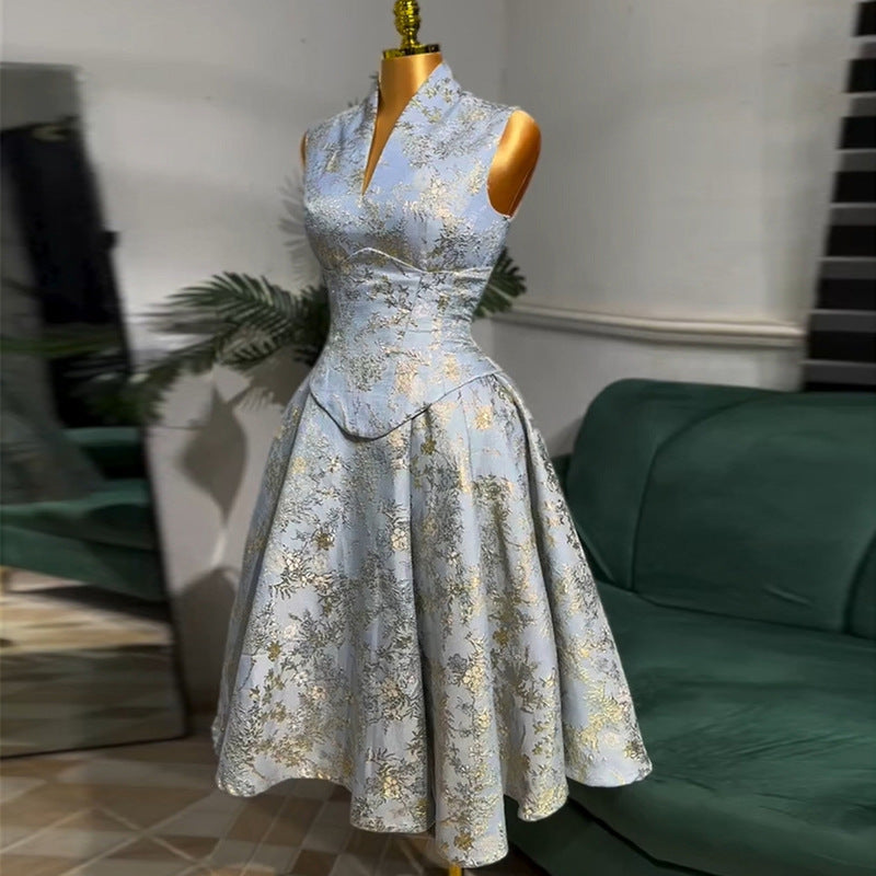 European and american cross-border women's fashion  summer new arrival: elegant retro v-neck sleeveless top and high-waisted a-line midi skirt set