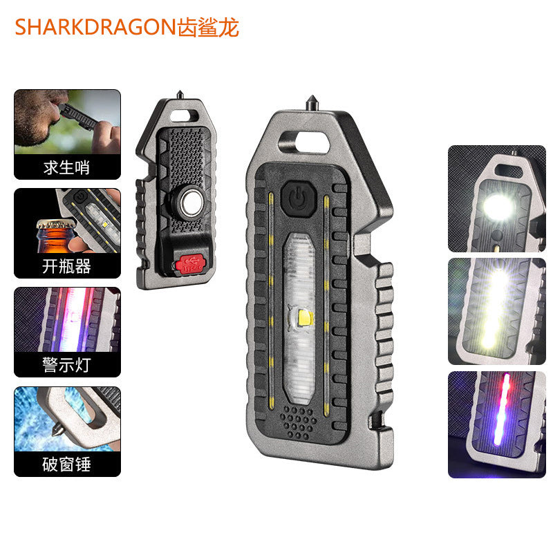 Cross-border new keychain light Type-C charging outdoor emergency survival whistle safety hammer mini flashlight