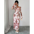 Women's new autumn retro elegant tie-dye print mesh design pleated slim-fit bodycon long sleeve dress