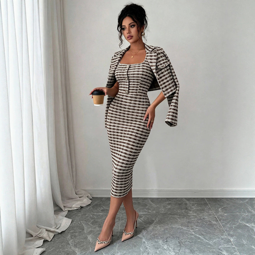Exportfashionaccessible luxurywork clothing bouclé suitlong sleeves lapelshortoutwearmatching silm suspenders slimming look