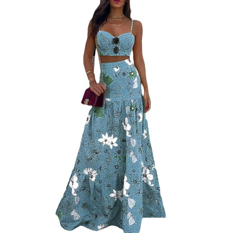 2025 spring/summer new european and american amazon aliexpress printed bandeau two-piece set with camisole and midi skirt