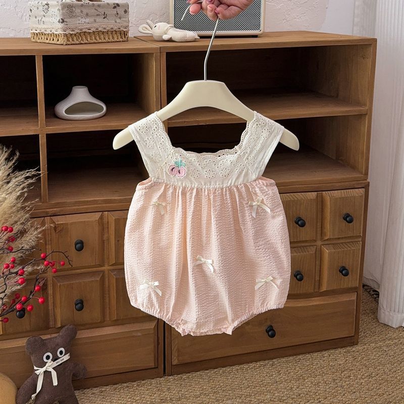 Summer lightweight sweet wide-shoulder romper baby princess bodysuit newborn baby girl full month 100-day first birthday dress