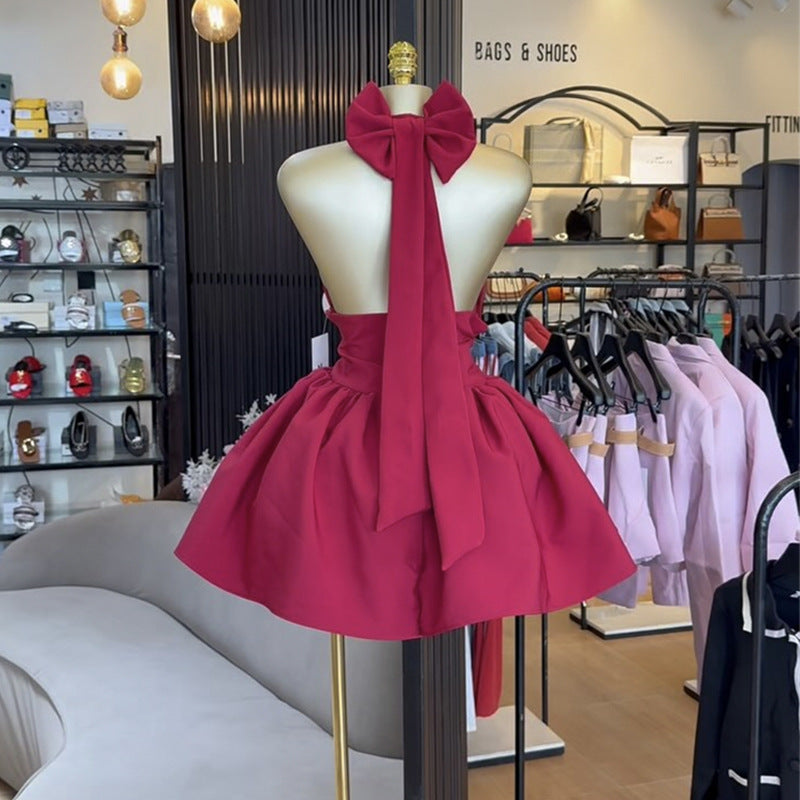 European and american cross-border women's fashion:  spring new arrivals - sexy and elegant halter neck bowknot backless mini dress
