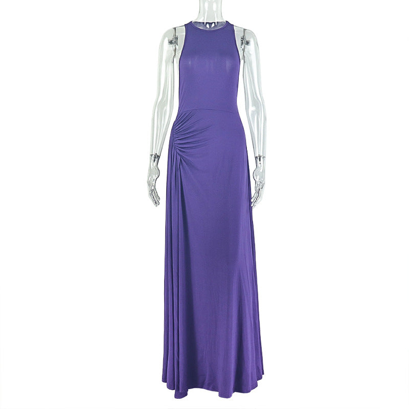 European and american style cross-border new solid color women's bodycon pleated design sleeveless maxi dress with round neck